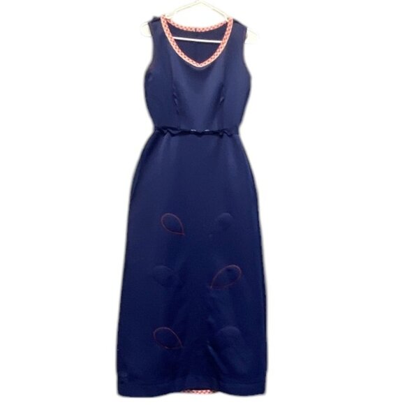 Vintage Polyester Double Knit Long Hostess Dress 10 Appliqued Gingham Sleeveless - Picture 5 of 12
